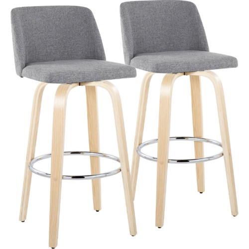 Toriano 30" Swivel Bar Stool in Natural Wood & Grey Fabric with Chrome Footrest (Set of 2)